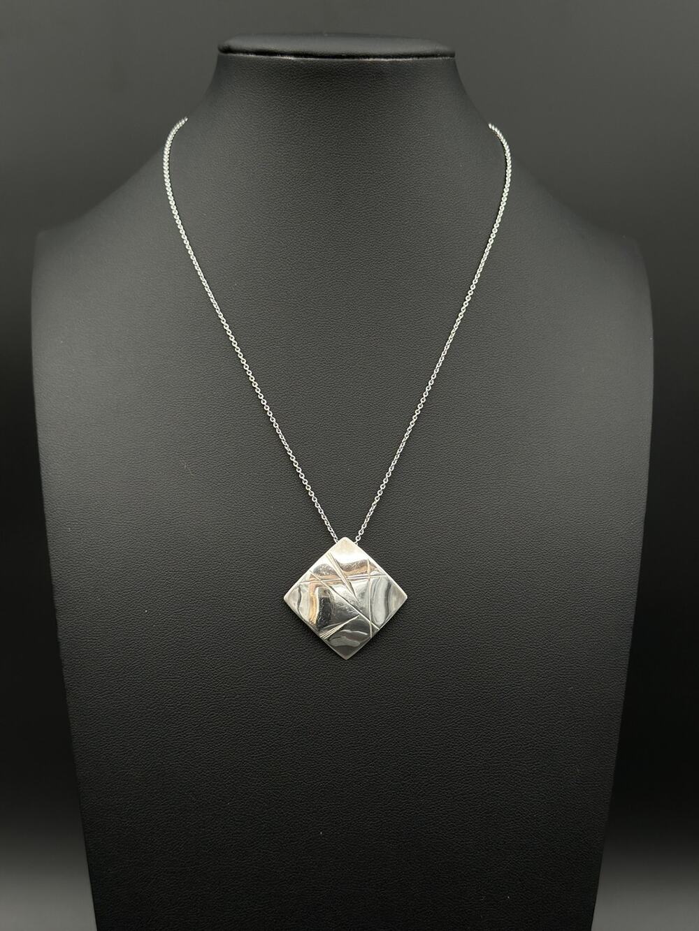 Sterling Silver Artisan Etched Diamond Pendant Necklace, 925